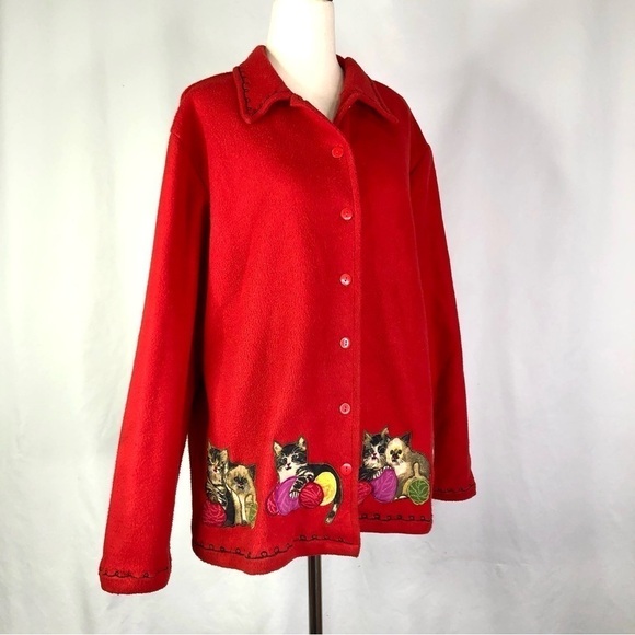 VINTAGE Take Two fleece shirt jacket button front cat applique red M - Picture 11 of 11